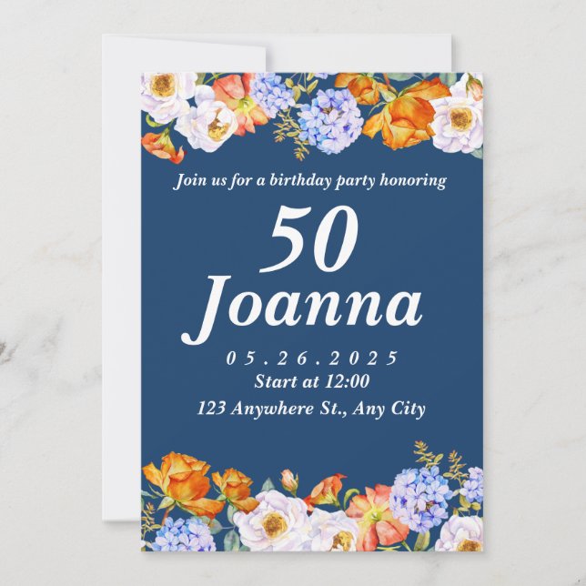 Invitación a los 50 cumpleaños de Blue Floral (Anverso)