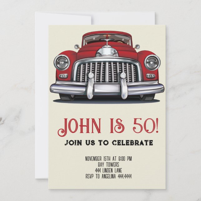 Invitación a los 50 cumpleaños de Retro Car (Anverso)