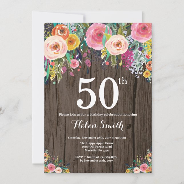 Invitación a los 50 cumpleaños de Rustic Floral (Anverso)