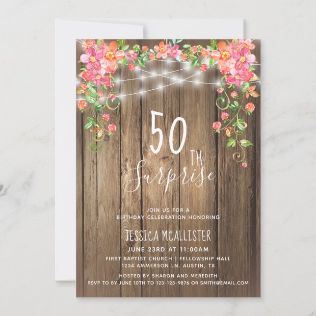 Invitación a los 50 cumpleaños de Rustic Floral Su (Anverso)