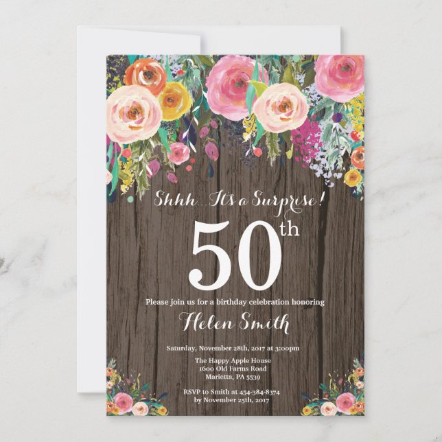 Invitación a los 50 cumpleaños de Rustic Floral Su (Anverso)