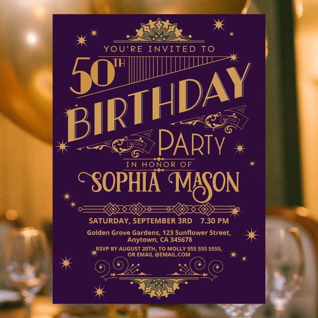 Invitación a los 50 cumpleaños del Art Deco morado (Subido por el creador)