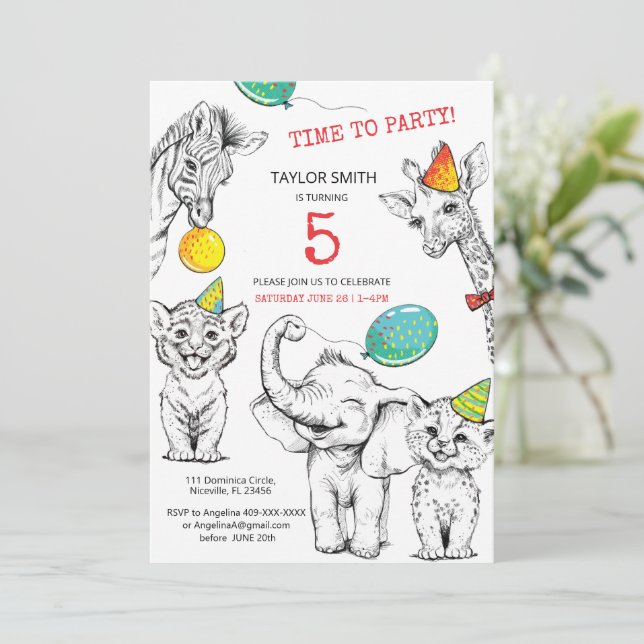 Invitación a los 5 años con un divertido animal li (Anverso de pie)