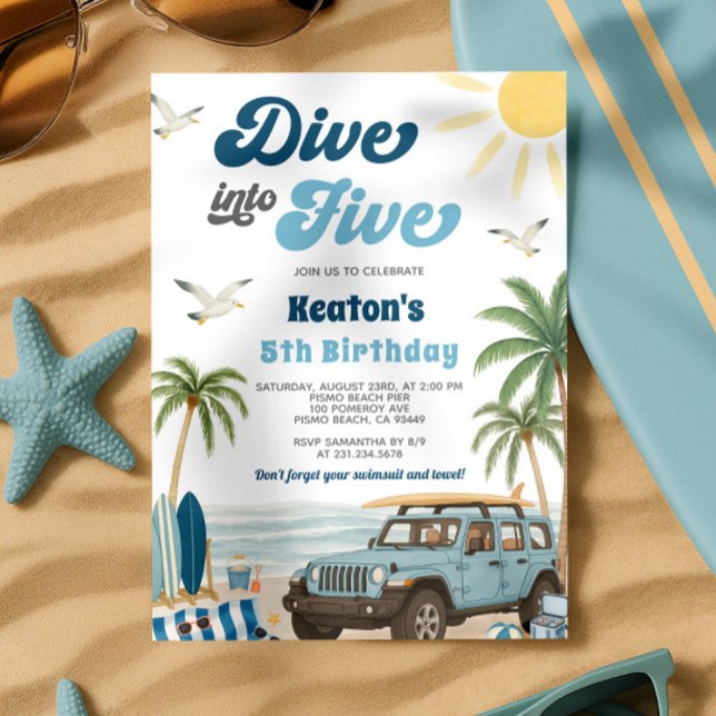 Invitación a los 5 años de Surfing - Sumergirse en (Surfing 5th Birthday Invitation - Dive into Five)