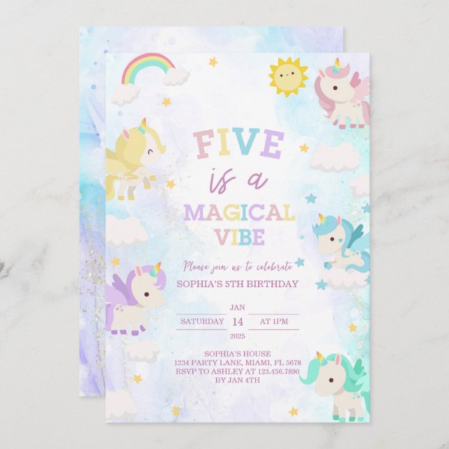 Invitación a los 5 cumpleaños de Cute Unicorn (Anverso / Reverso)