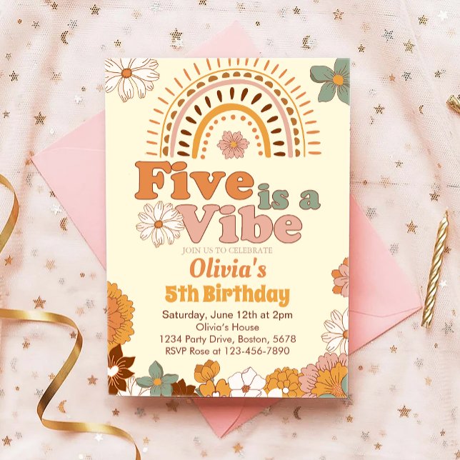 Invitación a los 5 cumpleaños del arco iris floral (Subido por el creador)