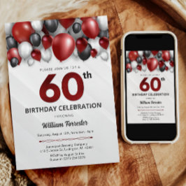 Invitación a los 60 años de color negro rojo plate