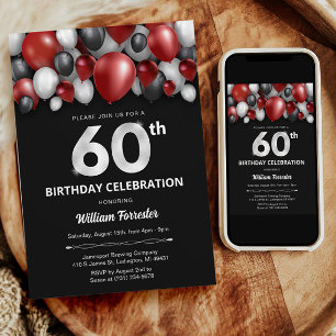 Invitación a los 60 años de color negro rojo plate