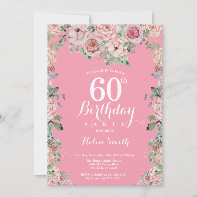 Invitación a los 60 años de Floral Pink Peonies (Anverso)