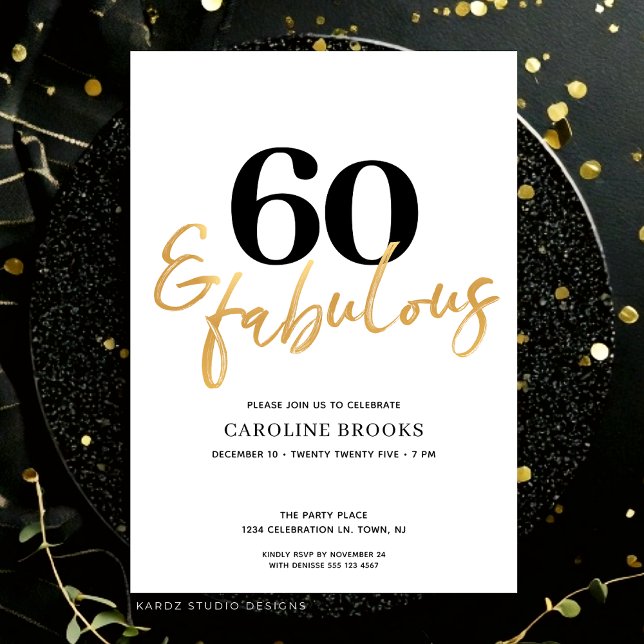 Invitación a los 60 años de oro moderno (Invitation for sixtieth birthday shown in flat 5x7 in. card. Personalize in edit this design button.)