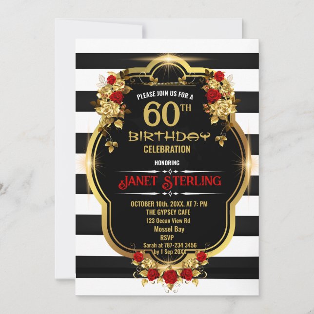 Invitación a los 60 años en negro, blanco y oro (Anverso)