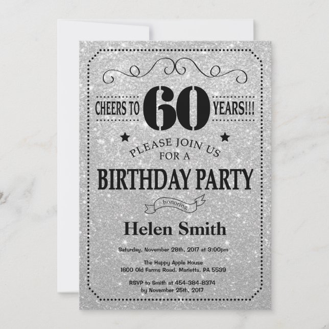 Invitación a los 60 años Purpurina negro y platead (Anverso)