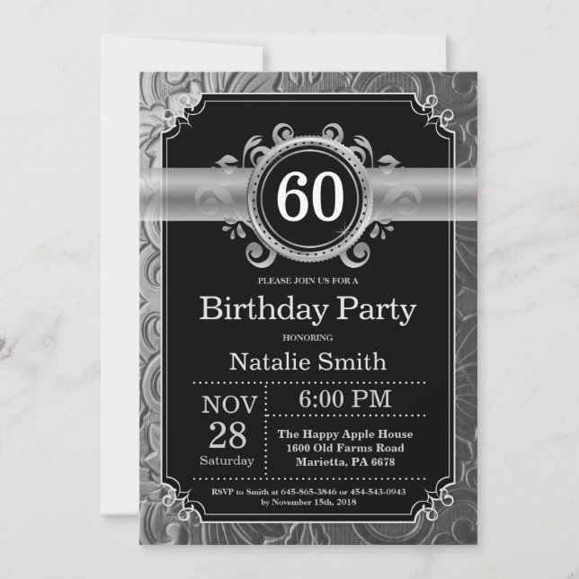 Invitación a los 60 años Purpurina negro y platead (Anverso)