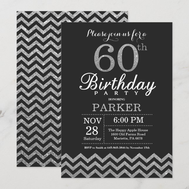 Invitación a los 60 años Purpurina negro y platead (Anverso / Reverso)