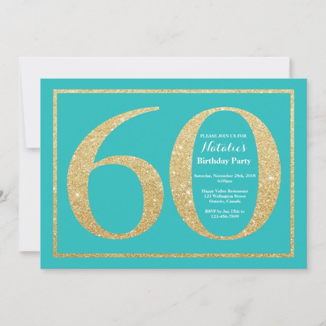 Invitación a los 60 años Purpurina Verde azulado y (Anverso)