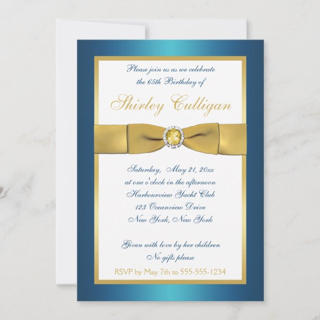 Invitación a los 65 años Verde azulados y Gold (Anverso)