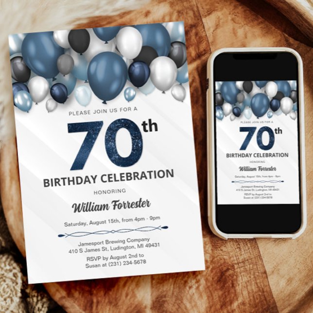 Invitación a los 70 años de Blue Silver Black & Wh (Blue Silver Black & White 70th Birthday Invitation)