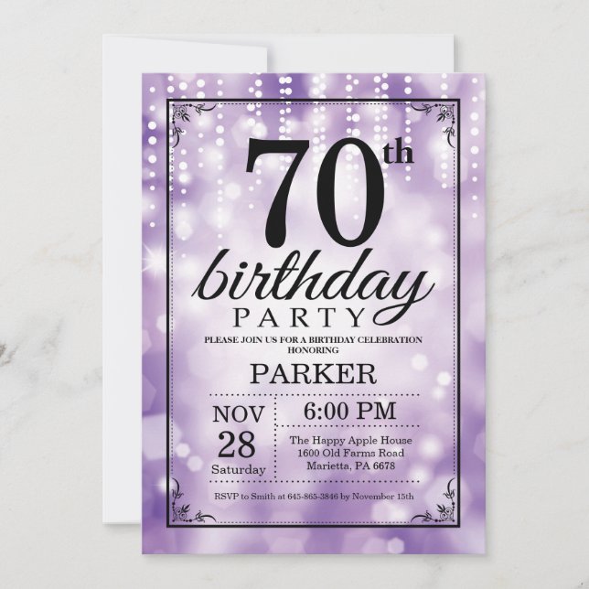 Invitación a los 70 años Purpurina púrpura (Anverso)