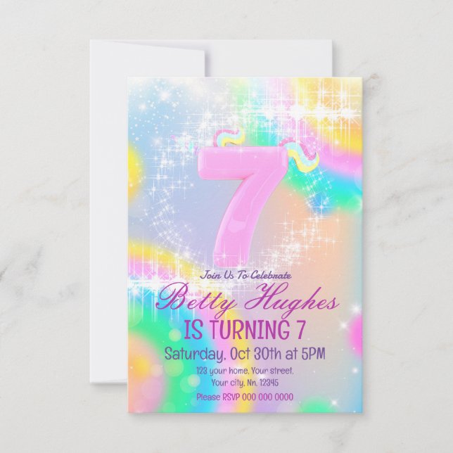 Invitación a los 7 cumpleaños de Unicornio (Anverso)
