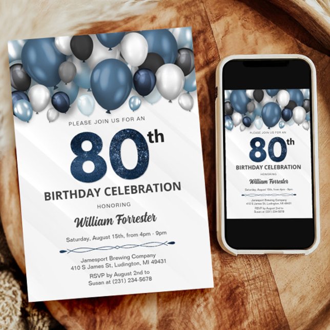 Invitación a los 80 años de Blue Silver Black & Wh (Blue Silver Black & White 80th Birthday Invitation)
