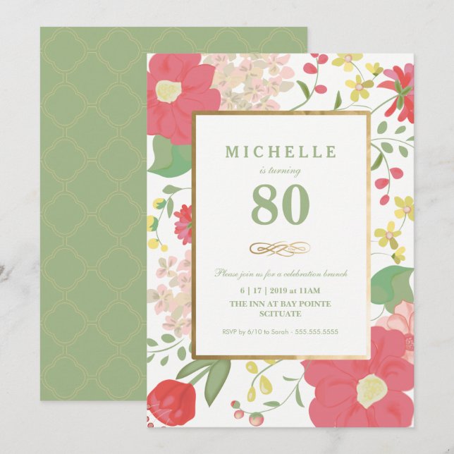 Invitación a los 80 años - Oro, elegante floral (Anverso / Reverso)