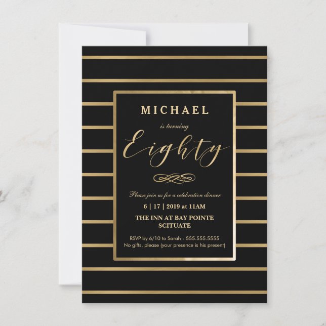 Invitación a los 80 Años - Oro, Masculina Elegante (Anverso)
