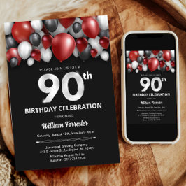 Invitación a los 90 años de color negro rojo plate