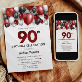 Invitación a los 90 años de color negro rojo plate