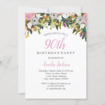Invitación a los 90 años del moderno color rosa fl<br><div class="desc">Más invitaciones de cumpleaños en la tienda Little Bayleigh!</div>