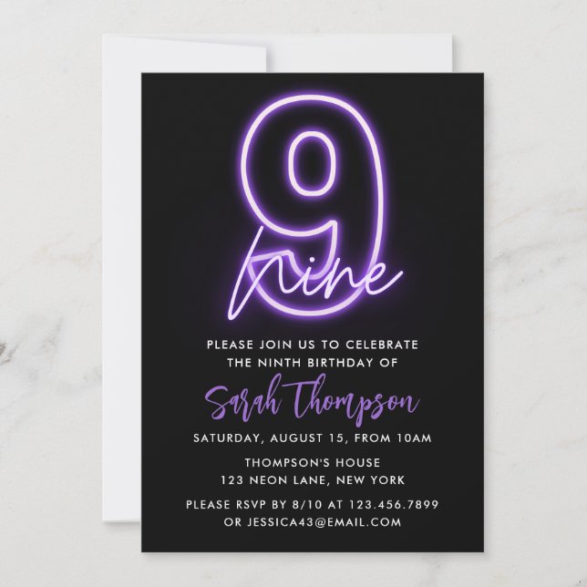 Invitación a los 9 cumpleaños de la Neón Púrpura (Anverso)