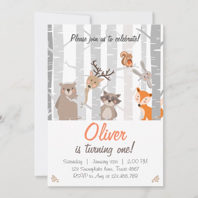 Invitación a los animales de bosque para el primer (Anverso)