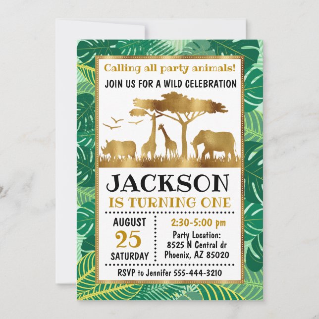 Invitación a los animales safari, cumpleaños de la (Anverso)