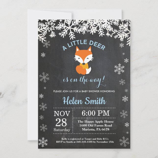 Invitación a los Chalkboard de Fox Winter Boy Baby (Anverso)