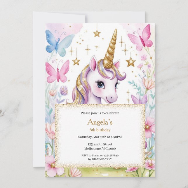 Invitación a los Chicas de cumpleaños de Unicornio (Anverso)