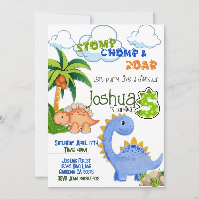 Invitación a los cinco cumpleaños de Dinosaur (Anverso)