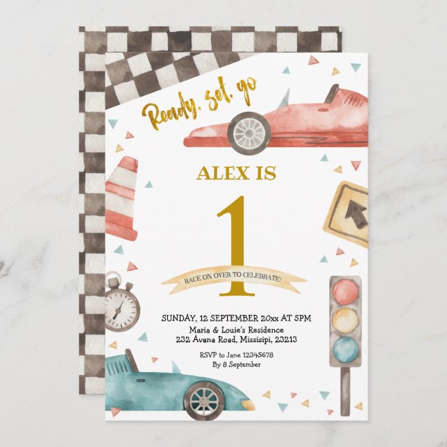 Invitación a los coches de Carreras de cumpleaños (Anverso / Reverso)