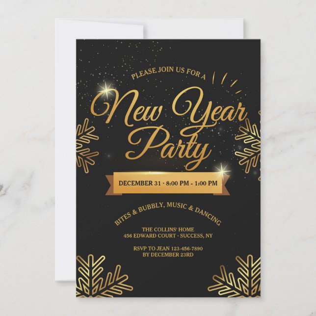 Invitación a los copos de nieve de Año Nuevo Fiest (Anverso)
