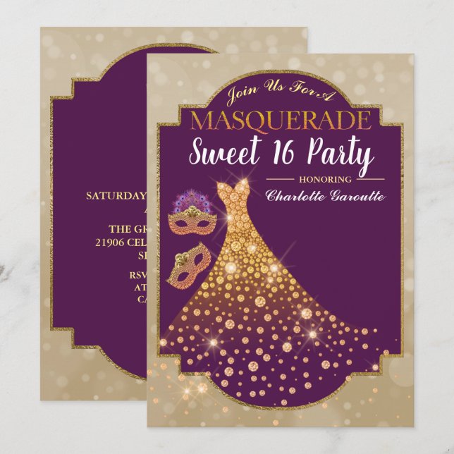 Invitación a los cumpleaños 16 de Purple Gold Glam (Anverso / Reverso)