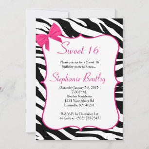 Invitación a los cumpleaños 16 Pink Bow y Zebra Sw