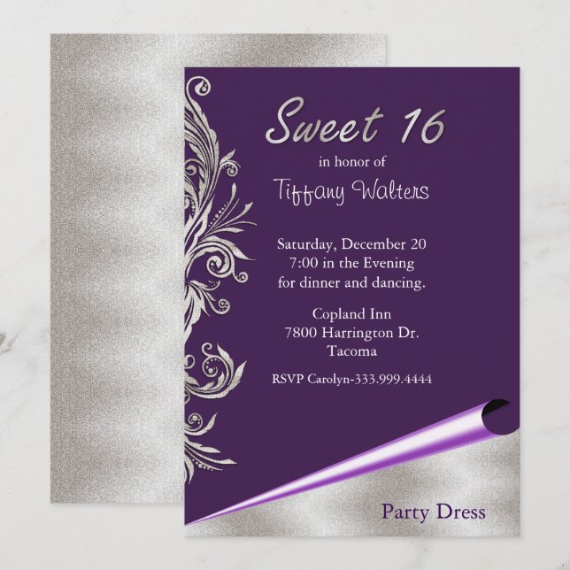 Invitación a los cumpleaños 16 Sweet morado y plat (Anverso / Reverso)