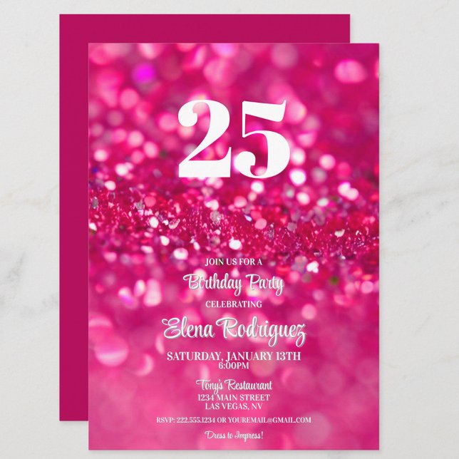 Invitación a los cumpleaños 25 de Glam, Purpurina  (Hot Pink Glitter Glam 25th Birthday Party Invitation, Girly Chic Invite, Trendy, Feminine)