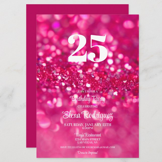 Invitación a los cumpleaños 25 de Glam, Purpurina  (Hot Pink Glitter 25th Birthday Invitation for Her)