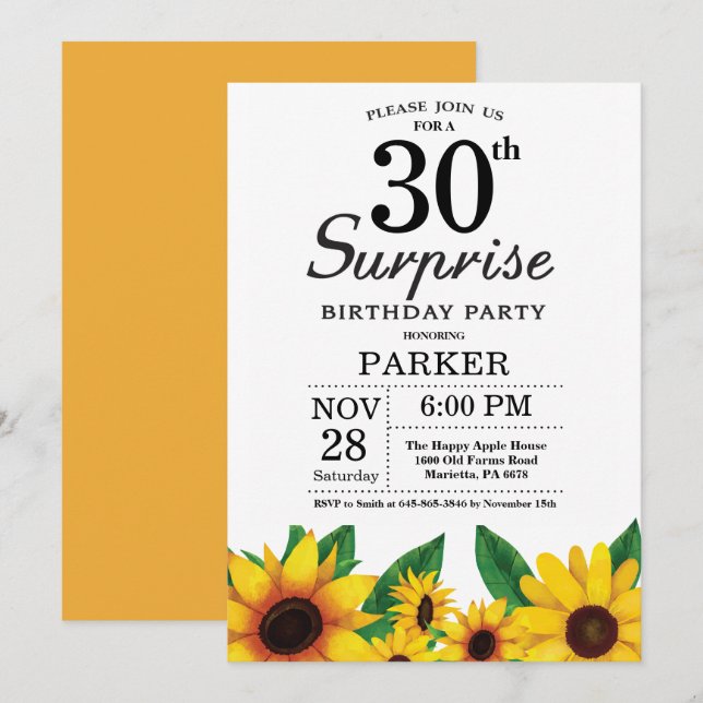 Invitación a los cumpleaños 30 de Sunflower Surpri (Anverso / Reverso)