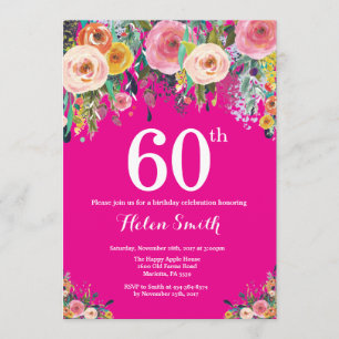 Invitación a los cumpleaños 60 de Hot Pink Floral
