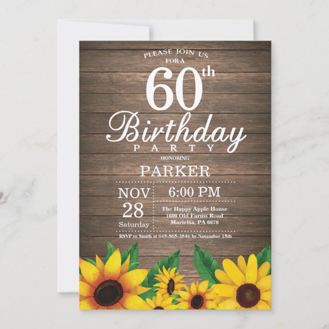 Invitación a los cumpleaños 60 de Rustic Sunflower (Anverso)