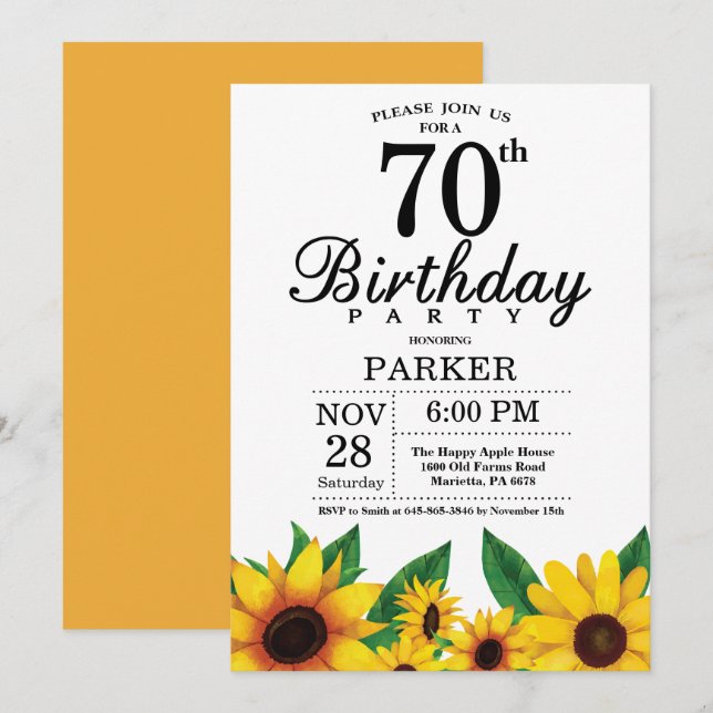 Invitación a los cumpleaños 70 del girasol (Anverso / Reverso)