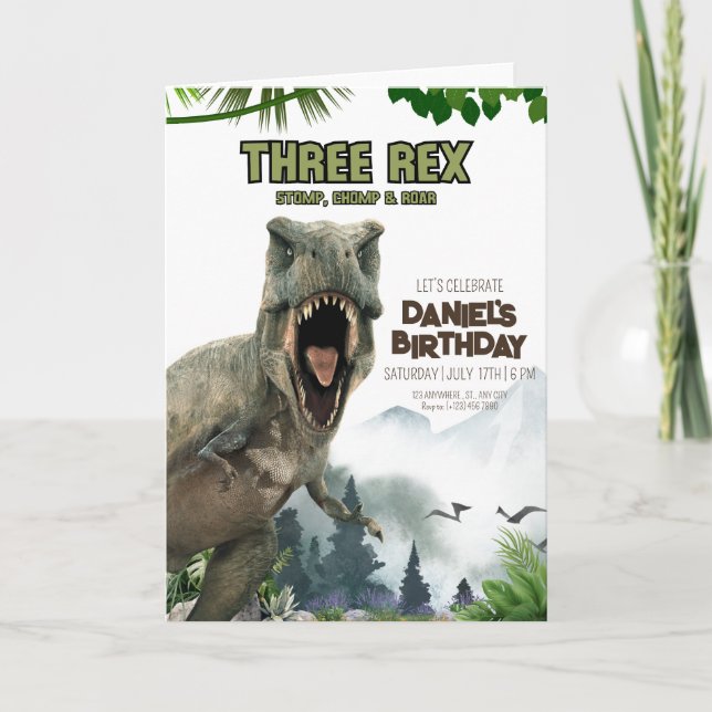 Invitación a los cumpleaños de Dinosaur Tres Invit (Anverso)
