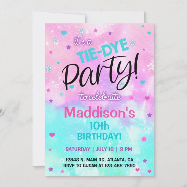 Invitación a los cumpleaños de TieDye Chica pastel (Anverso)