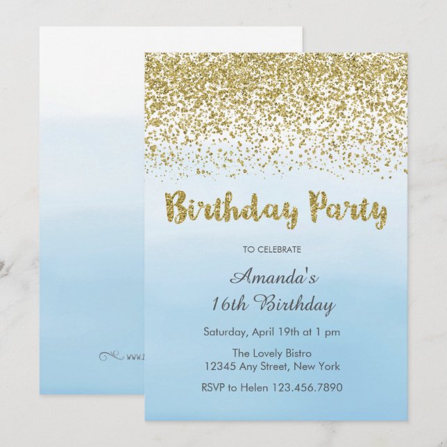 Invitación a los cumpleaños Soft Blue y Gold (Anverso / Reverso)