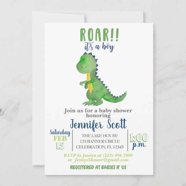 Invitación a los dinosaurios acuarela de Boy Baby  (Anverso)